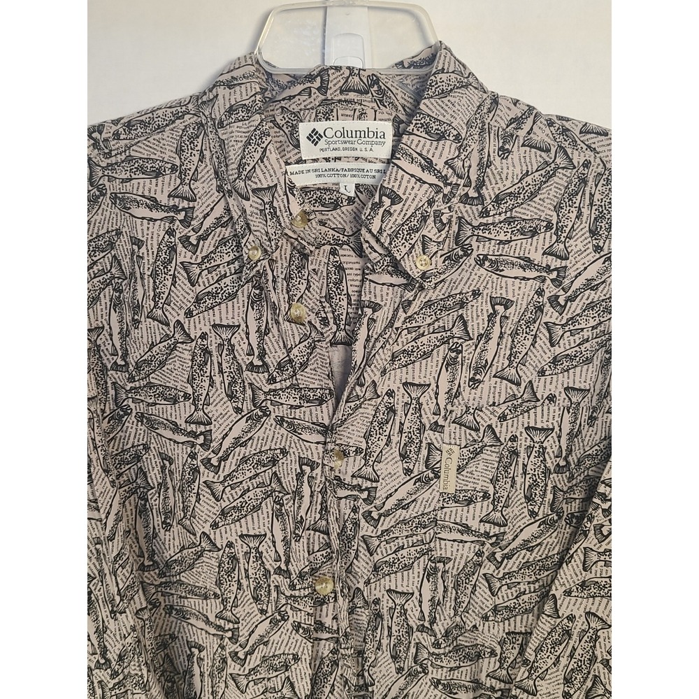 Columbia Sportswear Fish Print Shirt Ls Button Up Size Large Salmon Fish